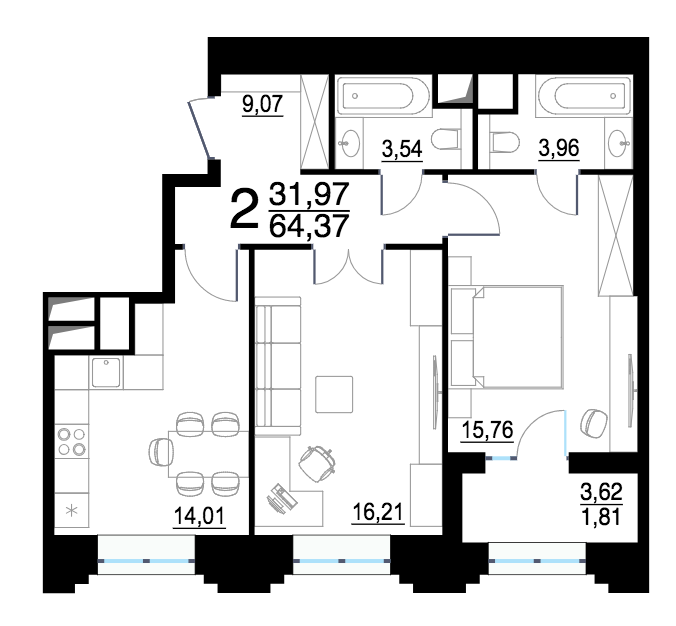 Планировка квартиры бизнес класса 2-комнатная квартира в ЖК "Октябрьское поле" площадь 64.4 м.кв.