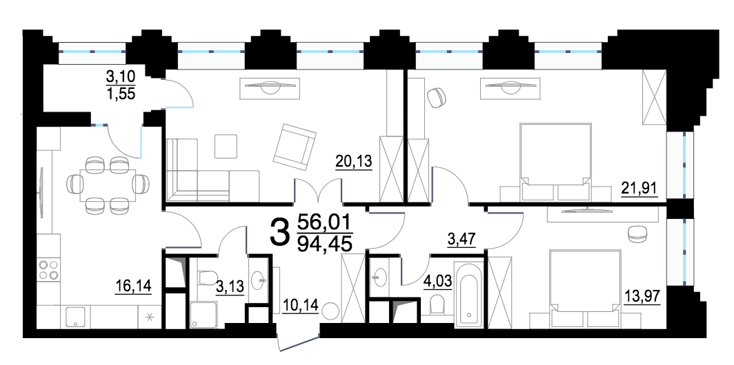 3-комнатная квартира в ЖК «Октябрьское поле»