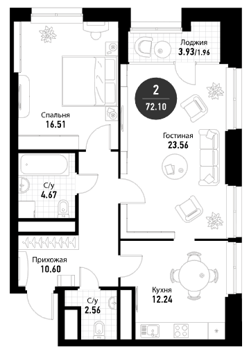 2-комнатная квартира в ЖК «Эталон Сити»