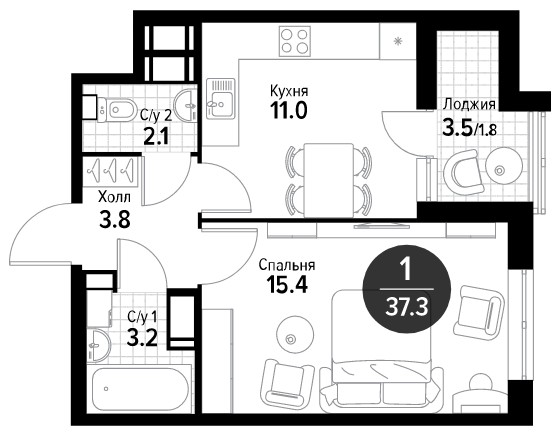 1-комнатная квартира в ЖК «Изумрудные холмы»