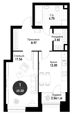 1-комнатная квартира в ЖК «Эталон Сити»