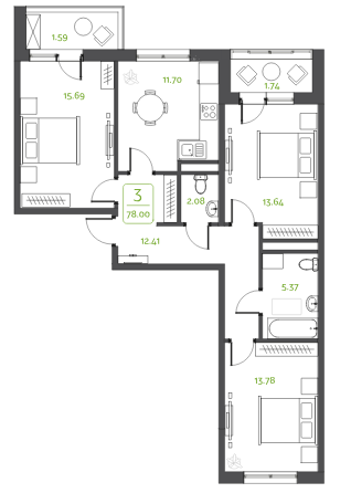 3-комнатная квартира в ЖК «Гринада»