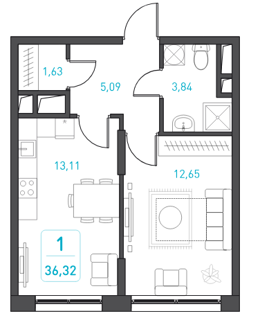 1-комнатная квартира в ЖК «Гринада»