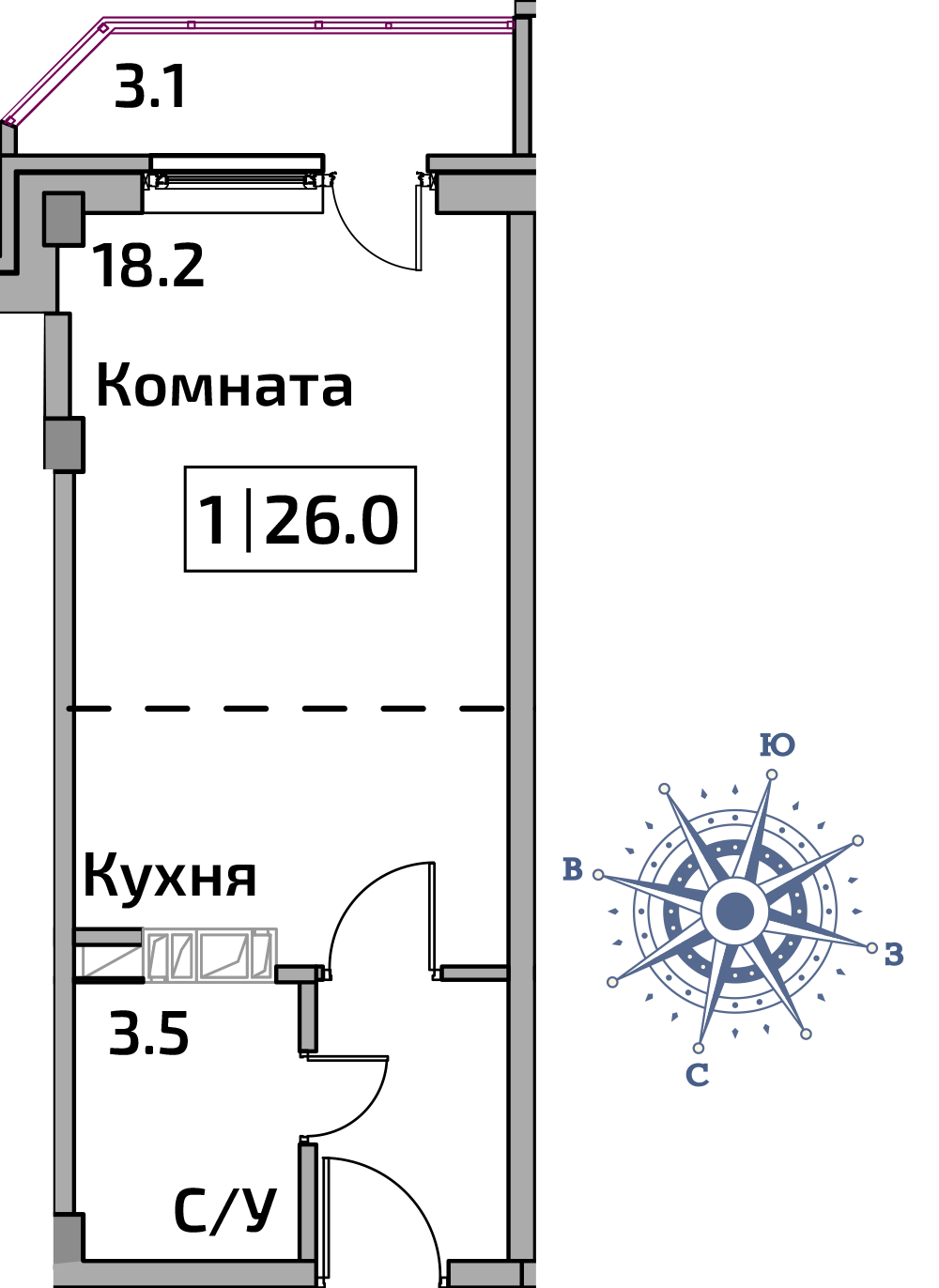 Студия в ЖК «Новое Бисерово 2» площадь 26 м.кв.