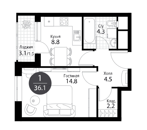 1-комнатная квартира в ЖК «Летний Сад»