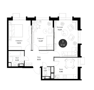3-комнатные апартаменты в ЖК «Нормандия»