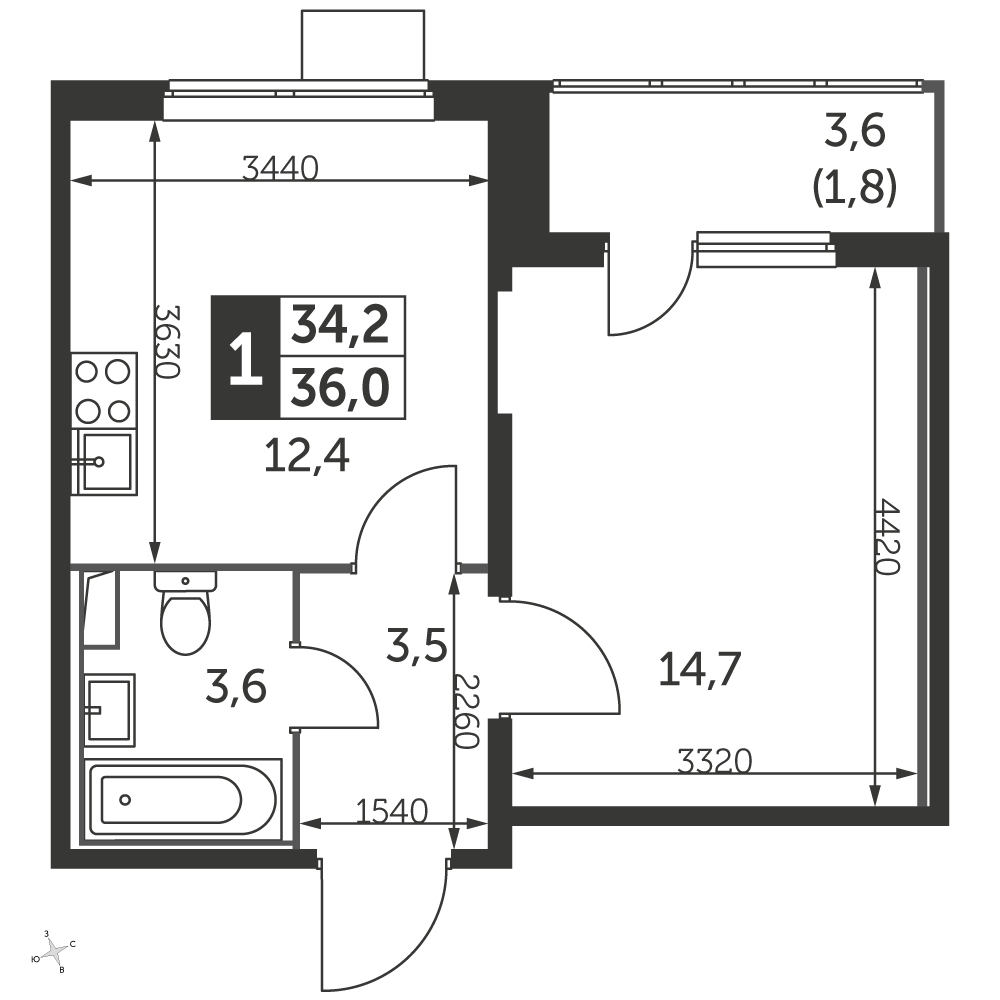 1-комнатная квартира в ЖК «Первый Лермонтовский»