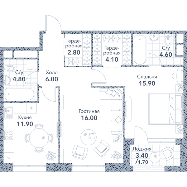 2-комнатная квартира в ЖК «Серебряный Фонтан»