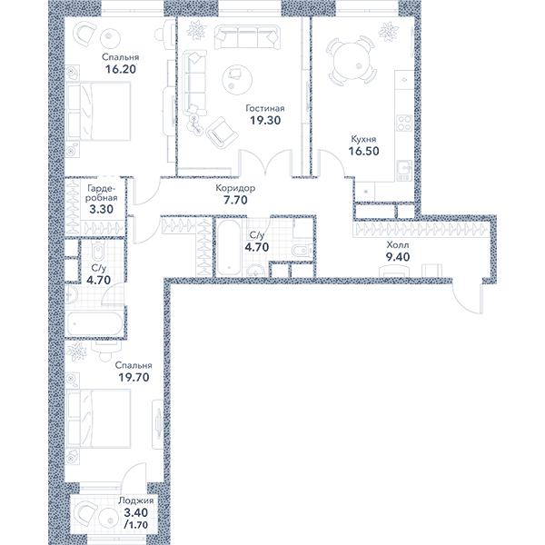 3-комнатная квартира в ЖК «Серебряный Фонтан»