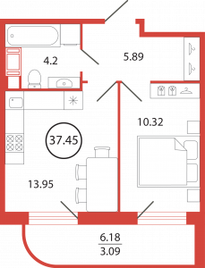 1-комнатная квартира 37.45 м2, 10-й этаж