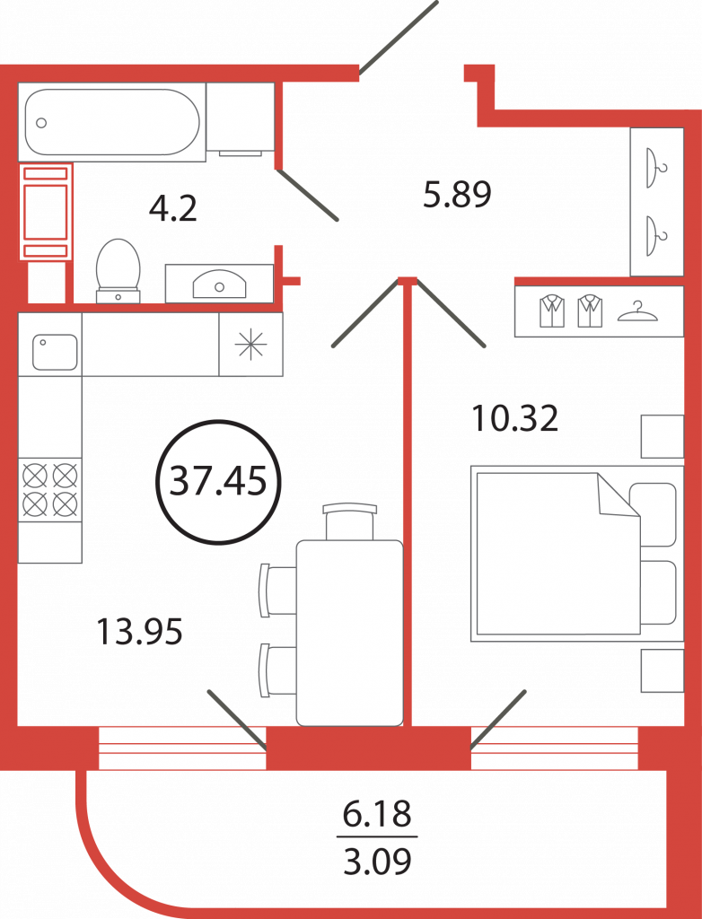 1-комнатная квартира 37.45 м2, 10-й этаж