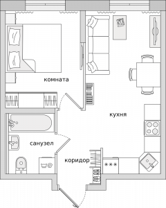 1-комнатные апартаменты 33.56 м2, 1-й этаж