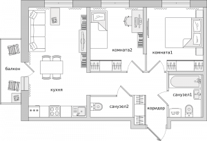 2-комнатные апартаменты 57.98 м2, 15-й этаж