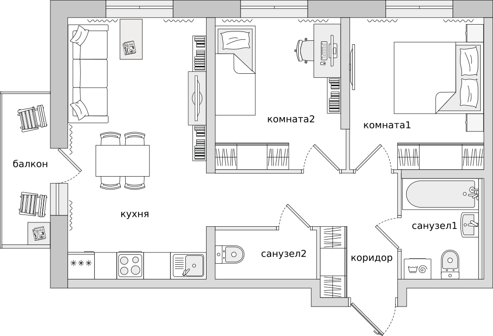 2-комнатные апартаменты 57.98 м2, 15-й этаж