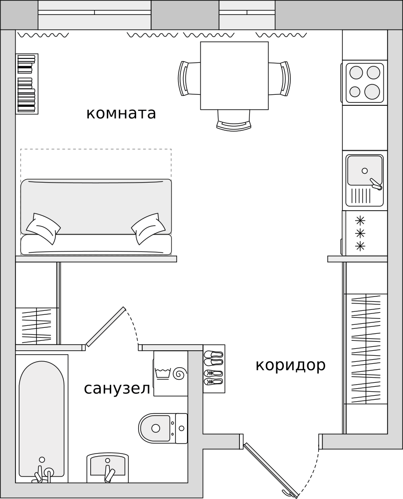 Cтудия 26.8 м2, 1-й этаж