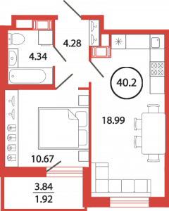 1-комнатная квартира 40.2 м2, 11-й этаж