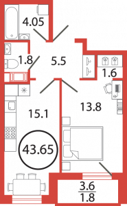 1-комнатная квартира 43.65 м2, 3-й этаж