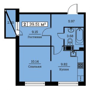 2-комнатная квартира 39.51 м2, 16-й этаж