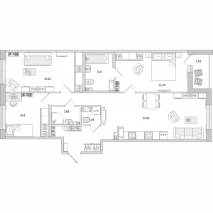 3-комнатные апартаменты 91.28 м2, 9-й этаж
