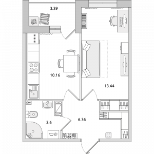 1-комнатные апартаменты 36.95 м2, 8-й этаж