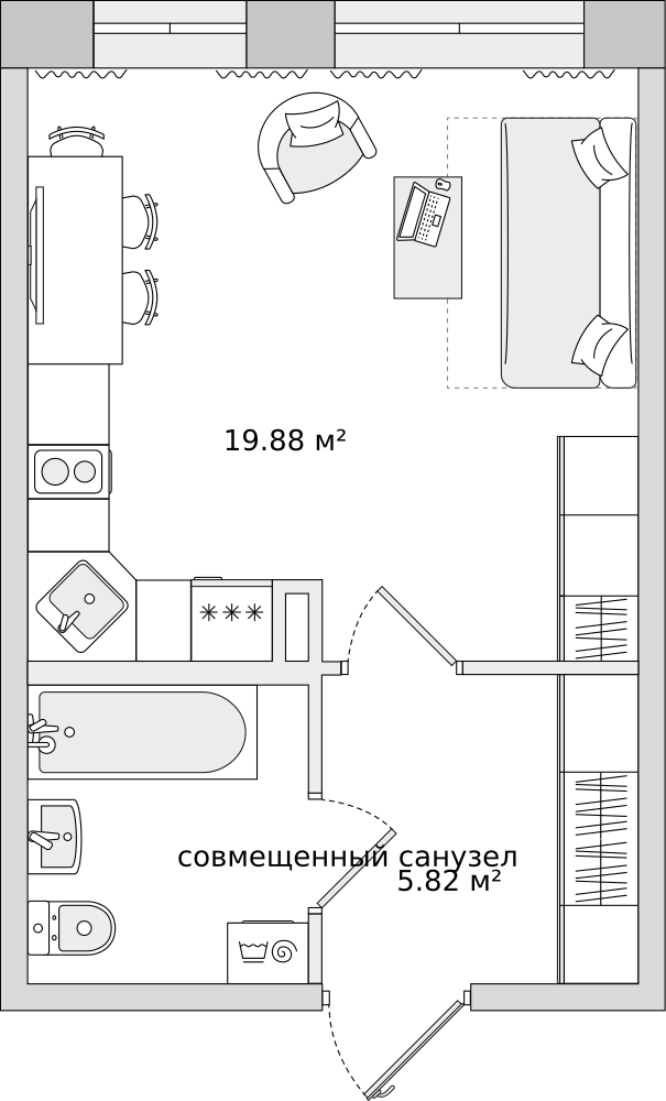 Cтудия 30 м2, 4-й этаж