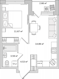 1-комнатные апартаменты 34 м2, 10-й этаж