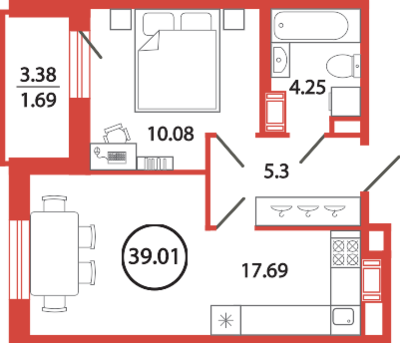 1-комнатная квартира 39.01 м2, 9-й этаж
