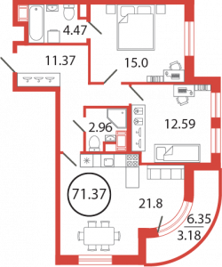 2-комнатная квартира 71.37 м2, 12-й этаж
