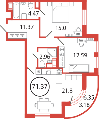 2-комнатная квартира 71.37 м2, 12-й этаж