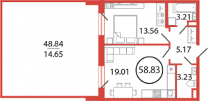 1-комнатная квартира 58.83 м2, 2-й этаж
