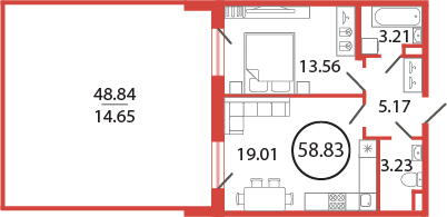 1-комнатная квартира 58.83 м2, 2-й этаж