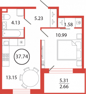 1-комнатная квартира 37.74 м2, 3-й этаж