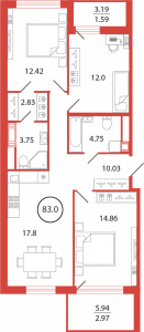 3-комнатная квартира 83 м2, 8-й этаж