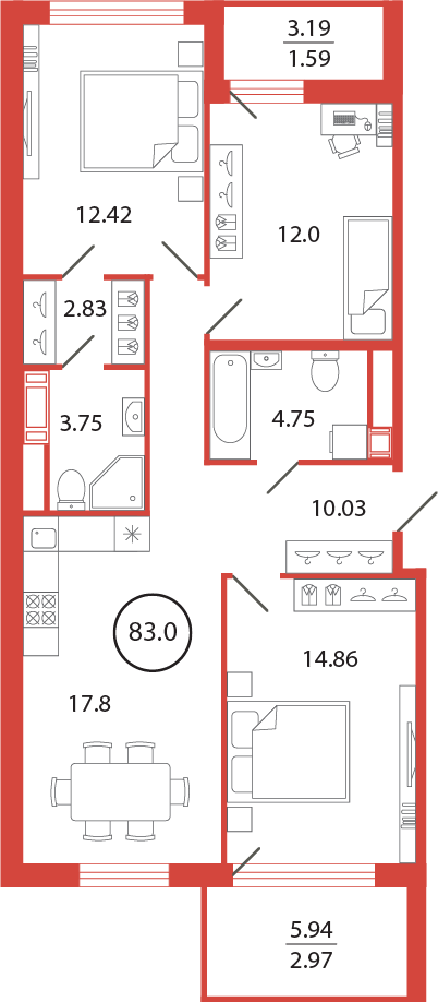 3-комнатная квартира 83 м2, 8-й этаж