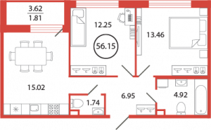 2-комнатная квартира 56.15 м2, 5-й этаж