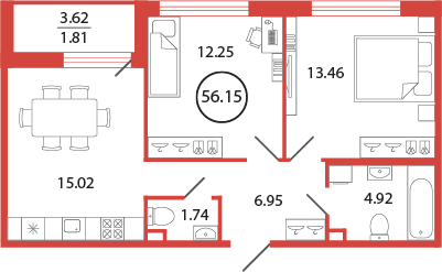 2-комнатная квартира 56.15 м2, 5-й этаж