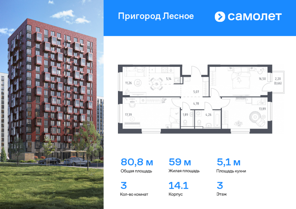 3-комнатная квартира в ЖК «Пригород Лесное»
