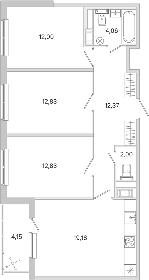 3-комнатная квартира 77.35 м2, 5-й этаж