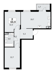 2-комнатная квартира 60.88 м2, 5-й этаж