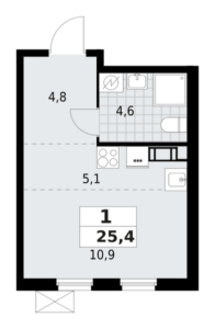 1-комнатная квартира 25.35 м2, 6-й этаж