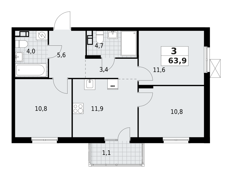 3-комнатная квартира 63.88 м2, 9-й этаж