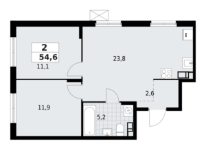 2-комнатная квартира 54.57 м2, 7-й этаж