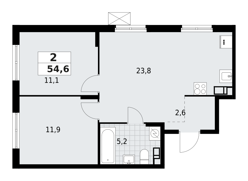 2-комнатная квартира 54.57 м2, 7-й этаж