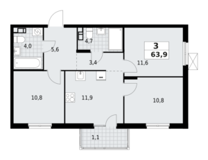 3-комнатная квартира 63.88 м2, 6-й этаж
