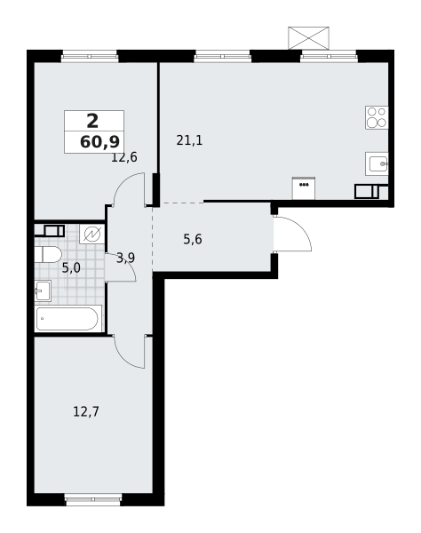 2-комнатная квартира 60.92 м2, 8-й этаж