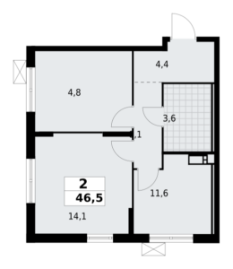 2-комнатная квартира 46.45 м2, 3-й этаж