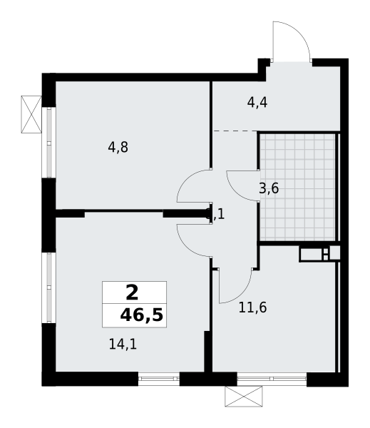 2-комнатная квартира 46.45 м2, 3-й этаж