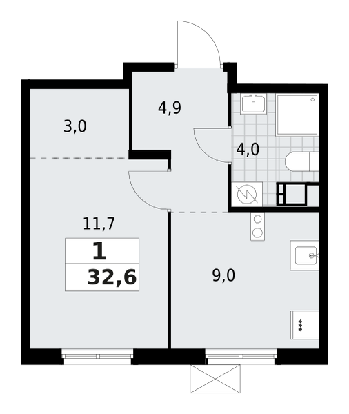 1-комнатная квартира 32.65 м2, 7-й этаж