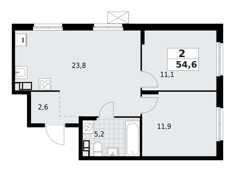 2-комнатная квартира 54.56 м2, 9-й этаж