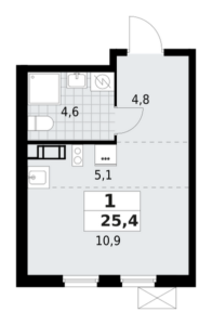 1-комнатная квартира 25.35 м2, 6-й этаж